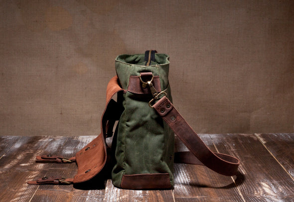 Waxed Canvas Leather Laptop Messenger Bag for Men and Women - Green Canvas with Brown Leather by Tram 21 on Jetset Times SHOP