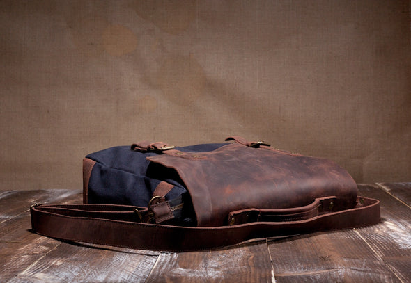 Waxed Canvas Leather Laptop Messenger Bag for Men and Women - Navy Blue Canvas with Brown Leather by Tram 21 on Jetset Times SHOP