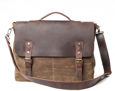 Waxed Canvas Leather Laptop Messenger Bag for Men and Women - Sandstone Canvas with Brown Leather by Tram 21 on Jetset Times SHOP