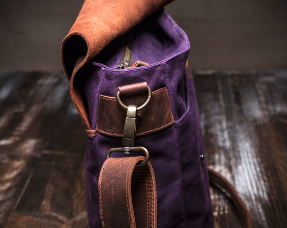 Waxed Canvas Leather Laptop Messenger Bag for Men and Women - Purple Canvas with Brown Leather by Tram 21 on Jetset Times SHOP