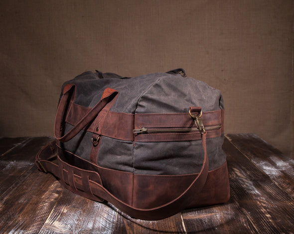 Waxed Canvas Leather Weekender Duffel Bag for Men and Women - Gray Canvas with Brown Leather by Tram 21 on Jetset Times SHOP
