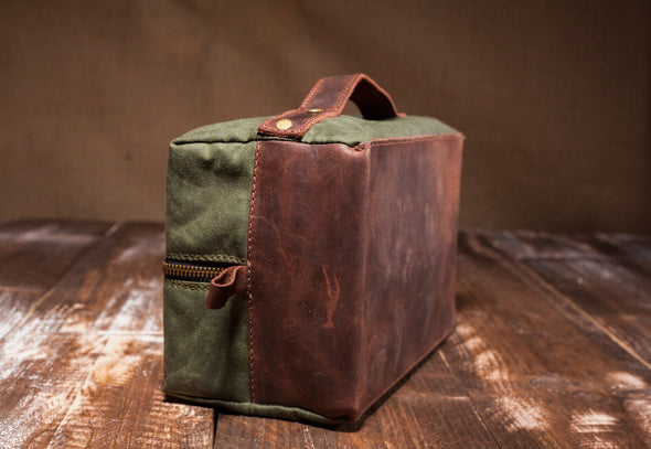 Men's Waxed Canvas Leather Dopp Kit - Green Canvas with Brown Leather by Tram 21 on Jetset Times SHOP