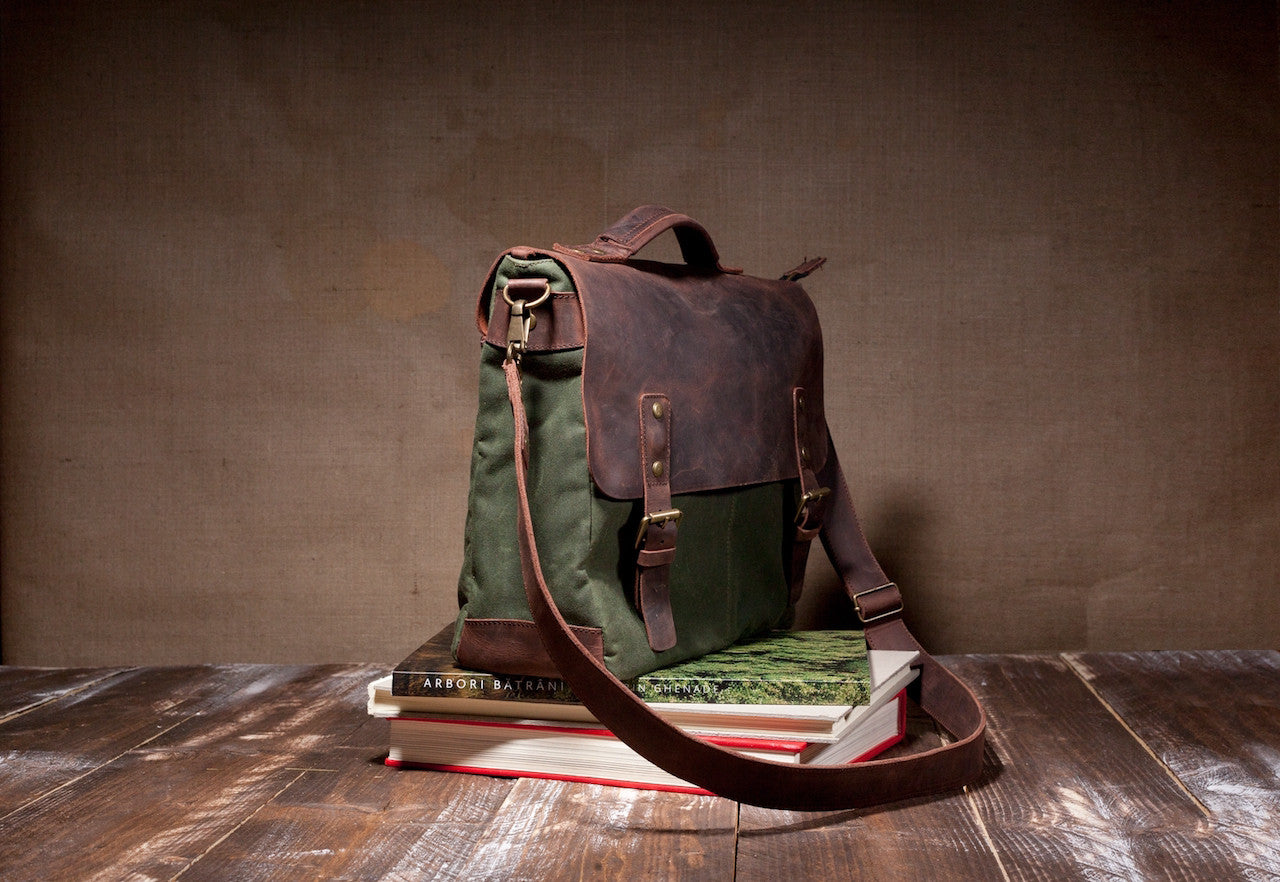 canvas leather messenger backpack Messenger Bag Green by Tram 21