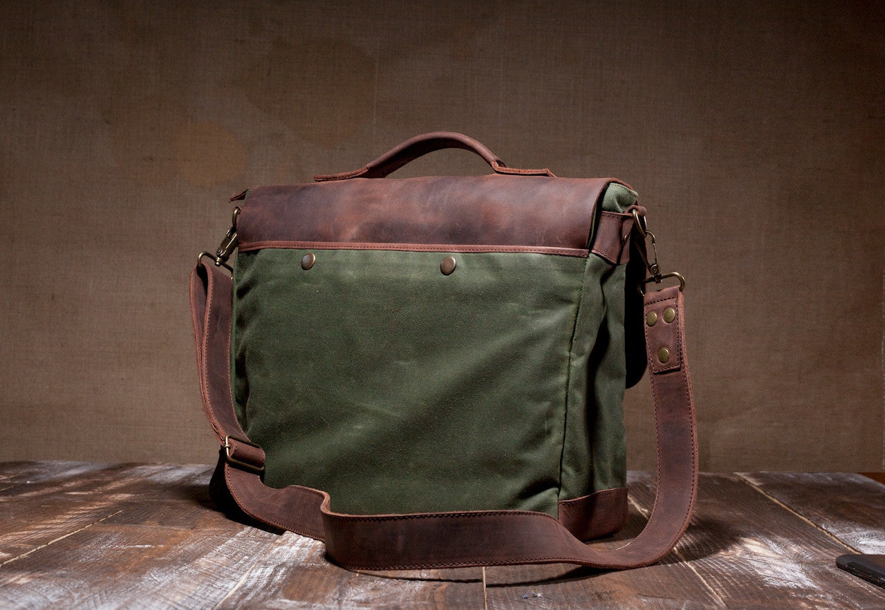 canvas leather messenger backpack Messenger Bag Green by Tram 21