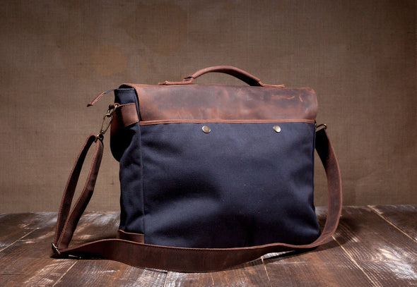 Waxed Canvas Leather Laptop Messenger Bag for Men and Women - Navy Blue Canvas with Brown Leather by Tram 21 on Jetset Times SHOP