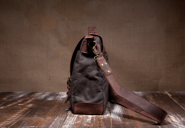 Waxed Canvas Leather Laptop Messenger Bag for Men and Women - Gray Canvas with Brown Leather by Tram 21 on Jetset Times SHOP